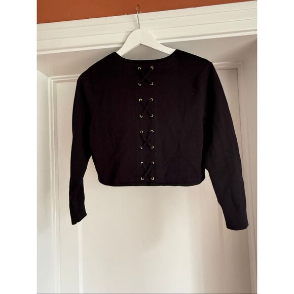 Cache Black w/ Gold Grommet Stitch Back Cropped Cardigan Sweater sz L EUC - Picture 5 of 6